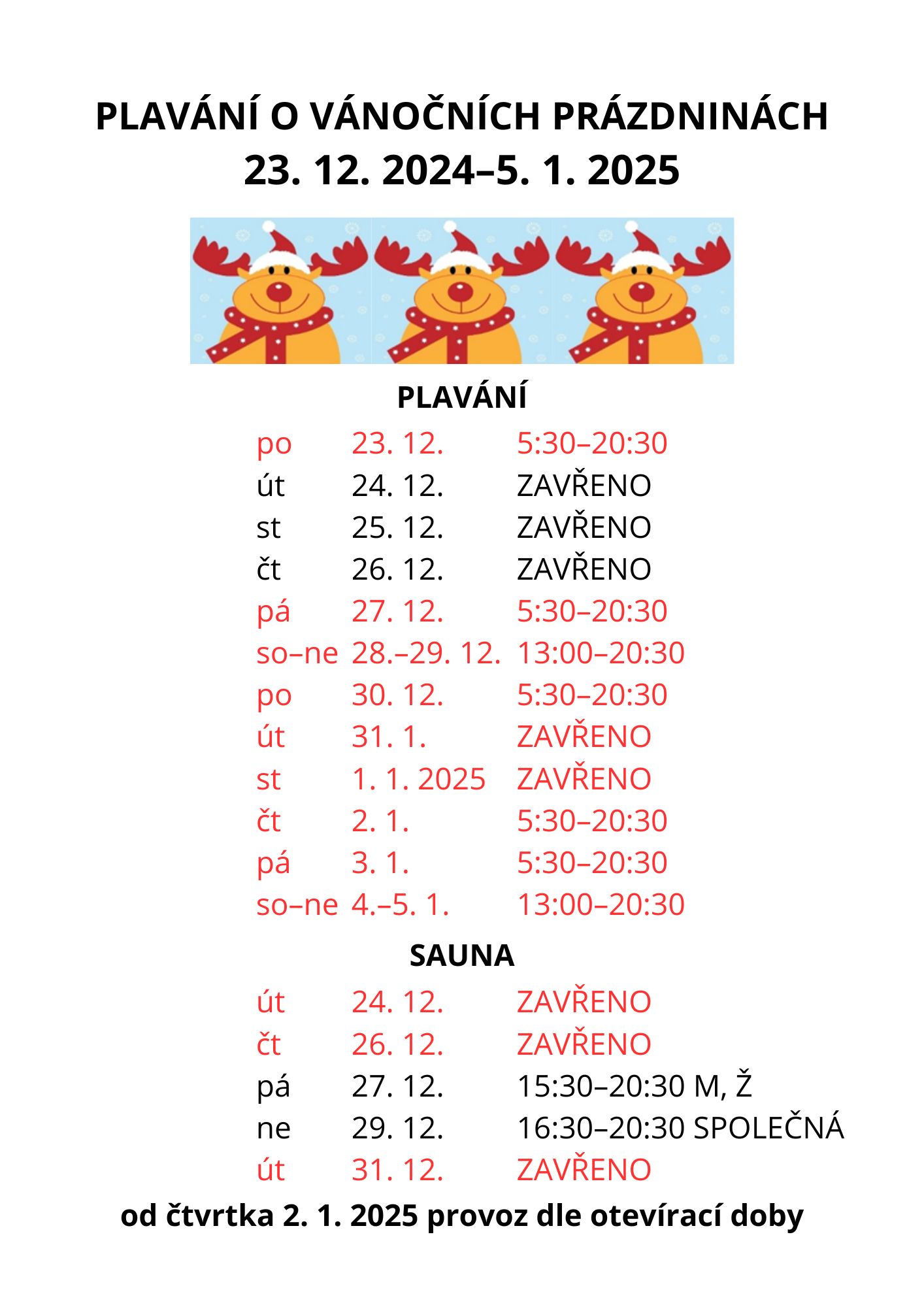 PlakátPlavání o vánočních prázdninách